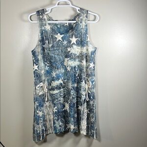 Origami Blue Star Patterned Sleeveless Sundress Pockets Lined July 4th Sz L/XL